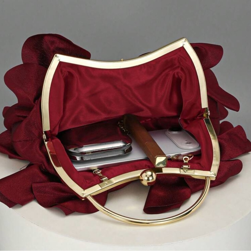 Chic Burgundy Ruffle Clutch with Gold Accents - Picture 5 of 6